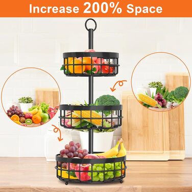 Металева фруктова етажерка Yiomxhi 3 ящики, чорна – для зберігання фруктів, овочів, хліба та закусок