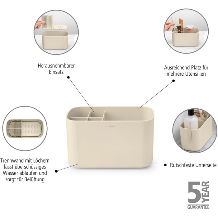 Полиці для ванної Brabantia Renew Soft Beige, підставка для раковини, тримач для зубних щіток, нековзна, корозійностійка, легко миється, 19,7x9,8x11 см
