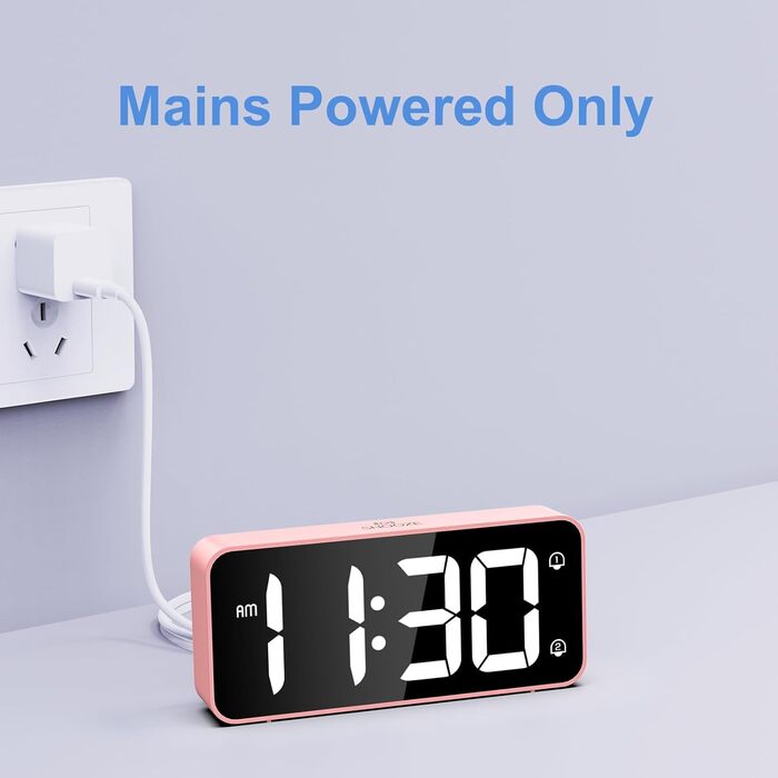 LED-годинник LATEC з двома будильниками, USB-порт для зарядки, регулювання яскравості, гучність 90-120 дБ, 8 мелодій, 12/24 год, мережевий (рожевий)