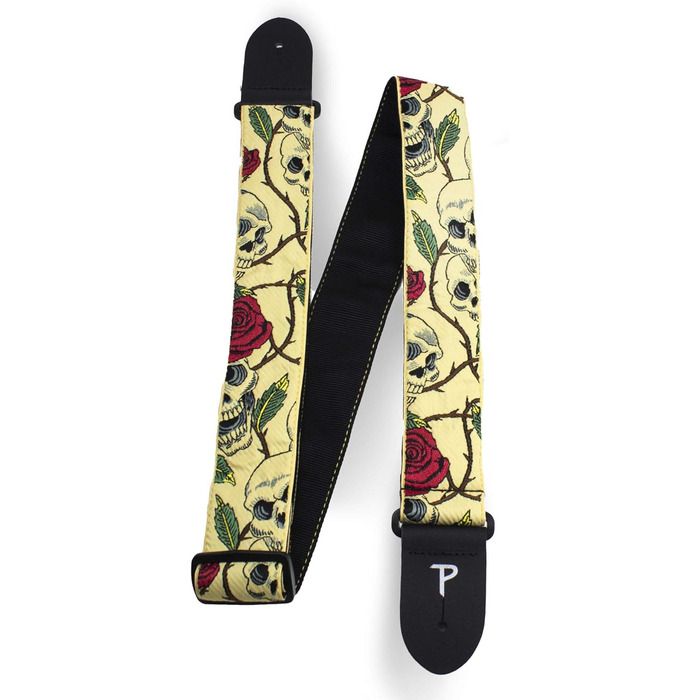 Гітарний ремінь Perri's Leathers Rose - Нейлон, жаккард, рожевий та черепи - для акустичної/басової/електрогітари - виготовлено в Канаді