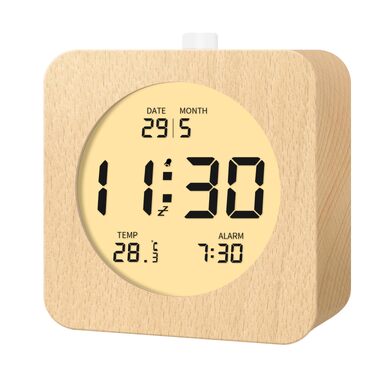 Цифровий настільний будильник aboveClock з дерев'яним корпусом, LCD-дисплей з температурою та датою, функція Snooze та підсвічуванням, квадратний