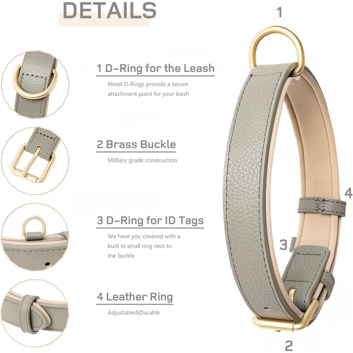 Шкіряний нашийник для собак Heele: надійний, з м'якою підкладкою, регульований, для великих собак, сірий (1 шт.)