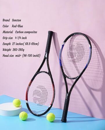 Senston Adult Tennis Racket Set - 2 Rackets, 3 Balls, 2 Grips, Vibration Dampeners (Red & Blue)