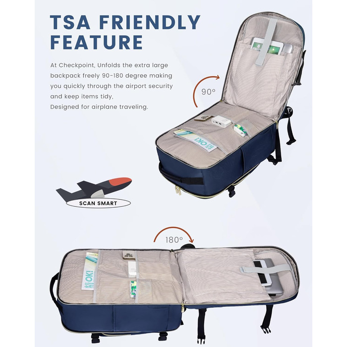 Рюкзак LOVEVOOK для ручної поклажі в літак, 40L, великий, для жінок, валіза-рюкзак, водонепроникний, для 17-дюймового ноутбука, рюкзак для подорожей, бізнесу, ділових поїздок, туризму, відпочинку на вихідних (L, темно-синій+чорний)