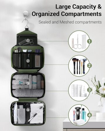 Сумка для туалетних речей Maliton: велика, водонепроникна, з 4 відділеннями | Косметичка для подорожей, спорту, плавання | Складана, компактна (Qlive-green)