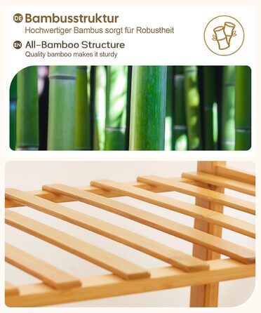 Yorbay Bamboo Clothes Rack with Wheels, with Clothes Rail, 3 Shelves and 6 Hooks, Tree Shape, 100 x 38 x 176 cm (Natural)