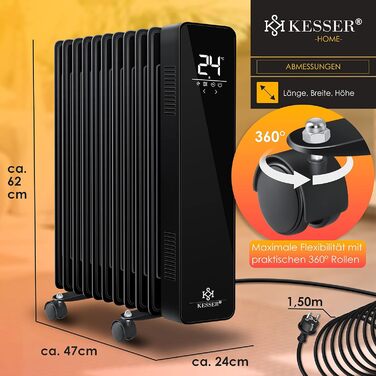 KESSER® 2500W Oil Radiator Mobile Electric Heater - Energy-Saving with WiFi App Control & LED Touch Display Remote Control. Oil Radiator Heater, Electric, 11 Ribs, 24h Timer, Overheat Protection, Black / 2500w