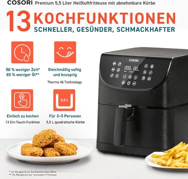 COSORI Air Fryer, 11-in-1 Air Fryer XXL 5.5L, Hot Air Fryer with Shake Reminder, 100 Recipes, 55 Percent Energy Saving, Dishwasher-Safe Baskets 5.5L Black