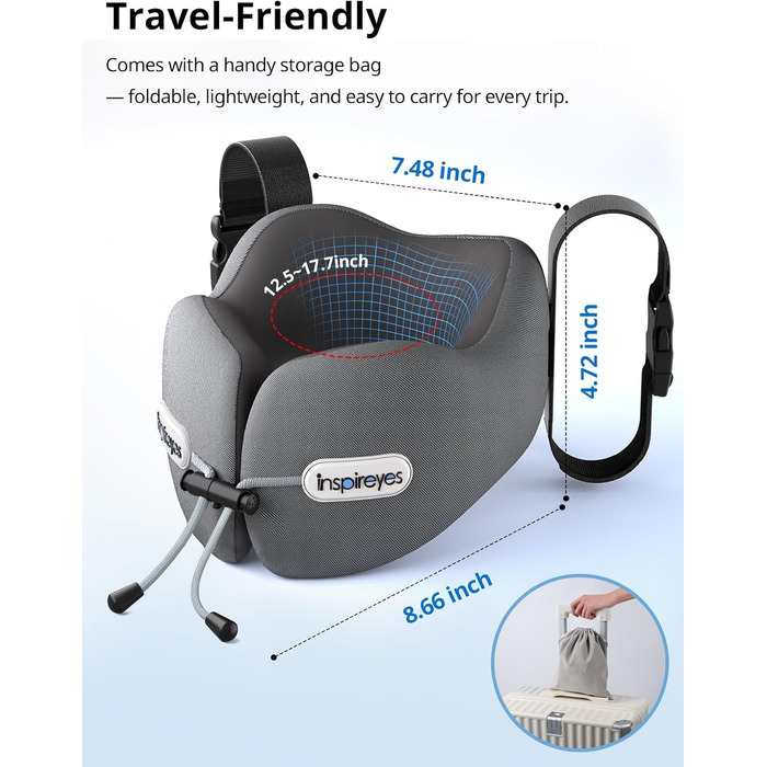 Подушка для шиї у літак з ременем безпеки та 3D маскою для сну, блакитна. Підтримка шиї та голови, високоякісний пінополіуретан, запобігає нахилу голови.
