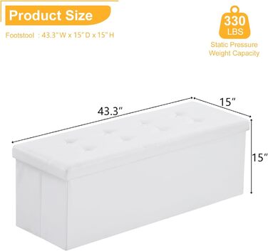 Складана лавка з місцем для зберігання LEADZM, біла, 110×38×38 см, пуф із ПВХ шкіри для спальні, вітальні, офісу