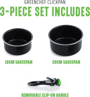 Набір каструль GreenChef ClickPan, 3 предмети, керамічне антипригарне покриття, PFAS-free, знімна ручка, для індукції, посудомийної машини, 16 см/1,6 л та 20 см/3,1 л, чорний, універсальний, компактний