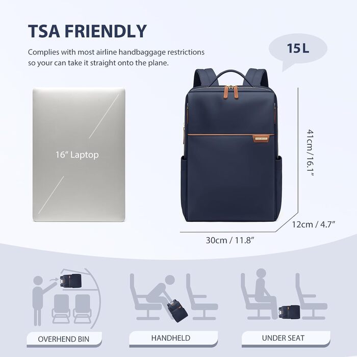 Рюкзак для ноутбука 16 дюймів, водонепроникний, для чоловіків та жінок, ідеальний для школи, подорожей та велосипеда (Морська синя)