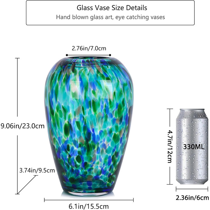 Скляна ваза блакитно-зеленого кольору 22,9 см, ручної роботи, сучасний дизайн, широке горло, для квітів та декору, ідеальна для вітальні, кухні, весілля, офісу
