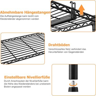 Розширюваний вішак для одягу, металевий гардеробний стійка з регульованими полицями, важкий, чорний