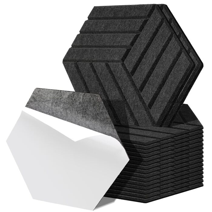 Акустичні гексагональні панелі Fiqops самоклеючі, звукопоглинаючі шестикутні плити для стін (чорні, 30x26x0.9 см), 18 шт — для студії та дому