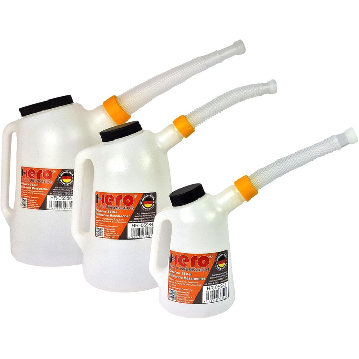 HERO Filling Can, Measuring Can, SET 1L + 3L + 5L Measuring Cups with Flexible Spout and Lid, Water Can, Car Oil Change, Automotive