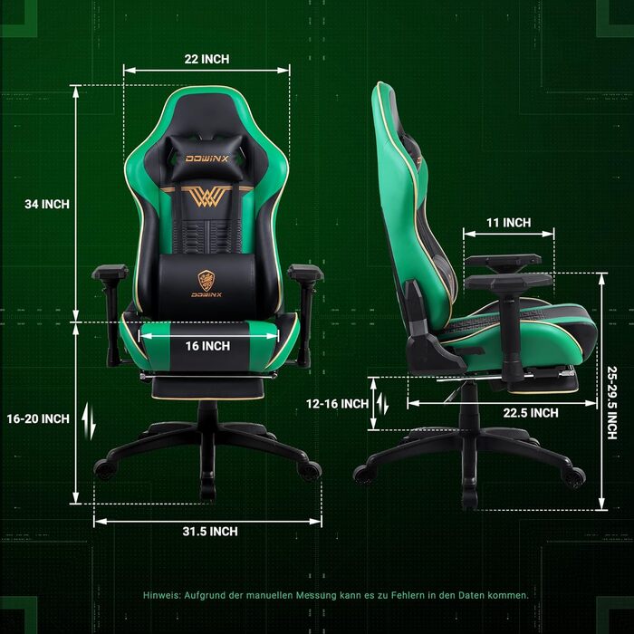 Ігровий крісло Dowinx з підлокітниками 4D та підніжкою - ергономічний геймерський стілець, 150 кг (зелений)