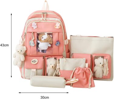 Японський рюкзак Kawaii з милим аксесуаром, 5-ти частинний набір, великий рюкзак Harajuku з брезенту, трендовий рюкзак для школи, коледжу, подорожей, з нашивками, для дівчат (рожевий)