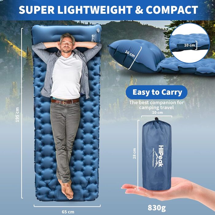 HiiPeak Self-Inflating Sleeping Pad High Camping Air Mattress with Integrated Headrest Outdoor Camping Mat Sleep Mat Small Pack Size with Foot Pump Air Cell Pad Inflatable Blue