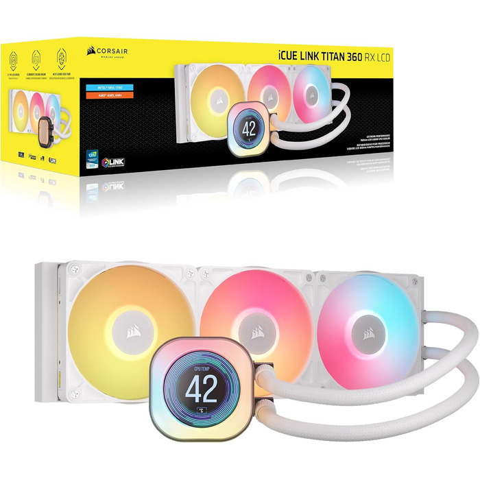 Рідинне охолодження процесора Corsair iCUE LINK Titan 360 RX LCD, біле, 360мм AIO, 3x RX120 RGB вентилятори, FlowDrive, для Intel LGA 1851/1700 та AMD AM5/AM4