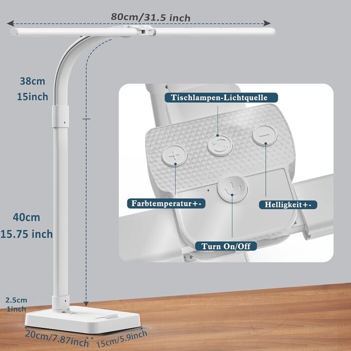 LED настільна лампа Doppelkopf з регулюванням яскравості, 24W, 80см, захист очей, гнусий шийка, 25 режимів освітлення