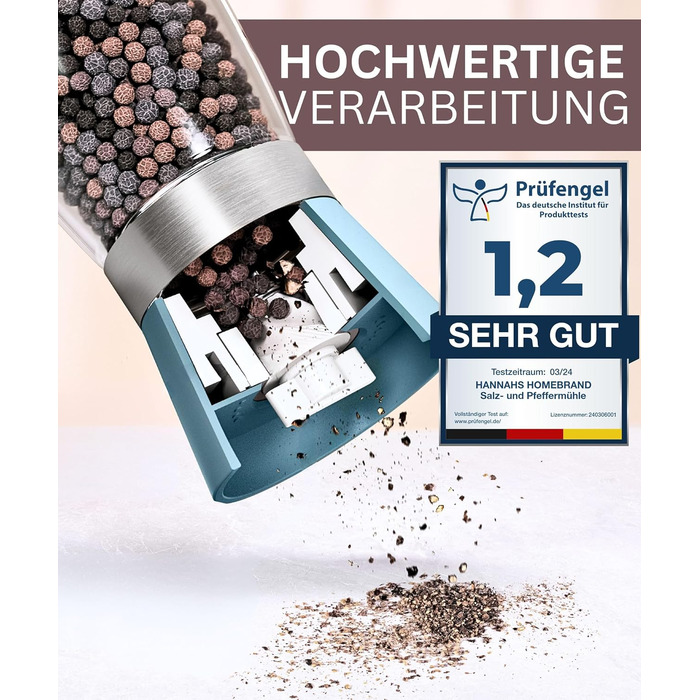 Мельниця для солі та перцю Hannah's Homebrand з керамічним механізмом - міцна для крупної солі (аквамарин, 2 шт.)