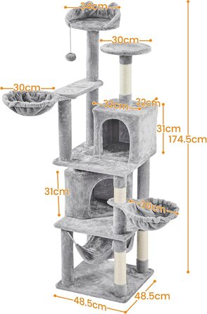 Кігтеточка Yaheetech XXL для котів, 175 см, для 3-4 котів, стабільна, з сизалевими стовпчиками, платформами, гамаком, м'ячиком, сірий колір