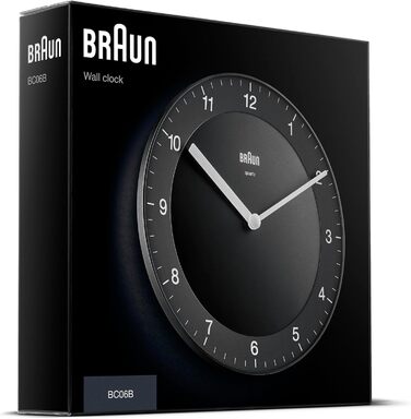 Braun Classic analog wall clock with quiet quartz movement, easy-to-read dial with a 20 cm diameter in black, model BC06B.