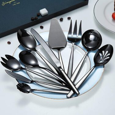 Berglander Black Silverware Serving Set, 10-Piece, Stainless Steel Cutlery Serving Set with Black Titanium Coating, Serving Spoon, Silver Serving Utensil, Rustproof, Lead-Free (10 Pieces)