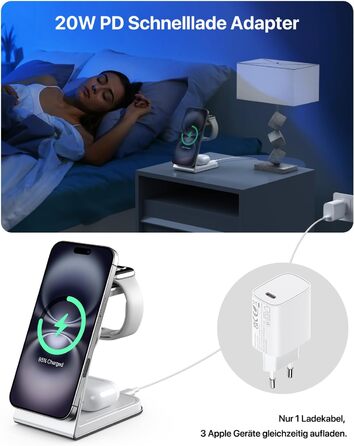 Зарядний стан MagSafe 3 в 1: для Apple Watch, iPhone та AirPods Pro 3/2. Бездротова зарядка для iPhone 16/15/14/13/12 (срібло)