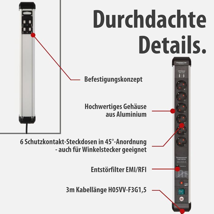 Бренненштуль Premium-Protect-Line Мережевий фільтр 6 виходів з USB та захистом від перенапруги (розподільник з вимикачем, 3м кабель, 2 USB 3.1A, Made in Germany) Сріблястий/чорний