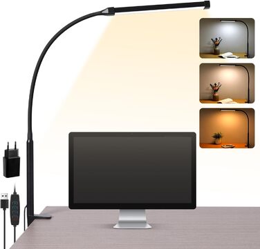 LED лампа для столу з кріпленням, регульована яскравість, 3 кольори та 10 рівнів, захист для очей, чорна