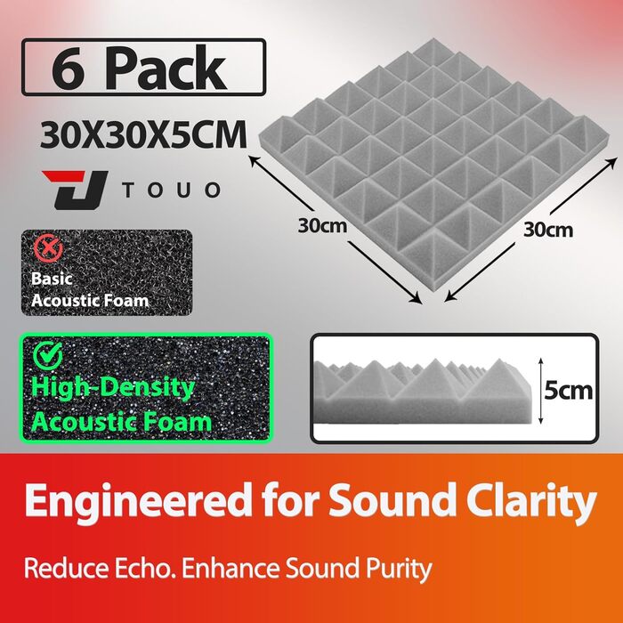 Акустичні пірамідні панелі для звукоізоляції стін та стелі, вогнетривкий шумопоглинаючий поролон 30x30x5 см, сірий, 6 шт