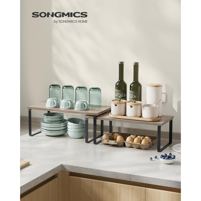 SONGMICS Spice Rack, 4-Piece Set, Kitchen Shelf, Kitchen Organizer, Expandable, Spice Holder, Stackable, with Metal Frame, 19.5 x 29.7 x 15.8 cm, Ink Black + Natural Beige KCS10NB (Ink Black + Greige Melange, 39.7B cm)