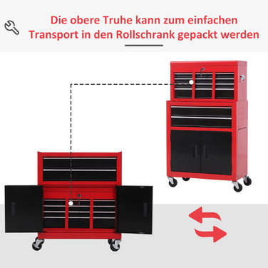 HOMCOM Workshop Trolley with Tool Box, Empty and Lockable Tool Trolley with 6 Drawers, Cupboard Compartment, Anti-Slip Mats, 2 Keys, Tool Cabinet Metal Red+Black | Aosom