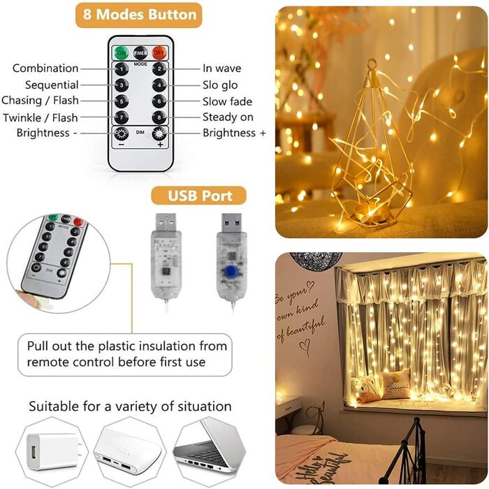 Лампочки-завіса 3x3м, 300 LED, USB, 8 режимів, пульт, IP65, тепле світло, для декору, свята, вечірки