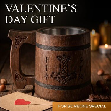 Дерев'яний кубок Wikinger 0.6 л з дуба, коричневий - середньовічний кубок для пива, кружка, глечик з гравіюванням молота Тора, рунами. Ідеальний подарунок для любителів пива, дерев'яний кубок, Валентин, подарунок для чоловіків, ретро, коричневий