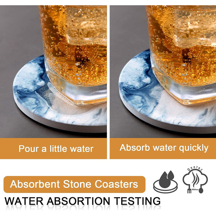 Fun coasters for drinks, marble-style, absorbent ceramic coasters with metal stand, housewarming gifts, decor set of 6, with cork base for wood table