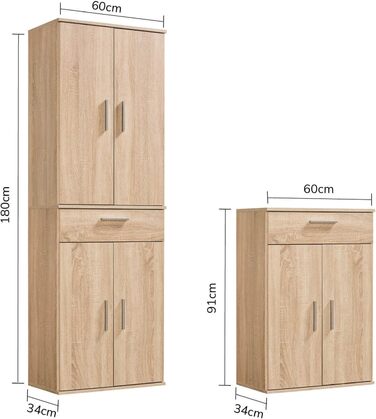 Multipurpose cabinet 60cm wide with drawers 'The Practical', small office cabinet or filing cabinet, also as a shoe cabinet or storage cabinet in 60x90x34 cm (W/H/D) in White (Height 180CM, Sonoma Oak -69)