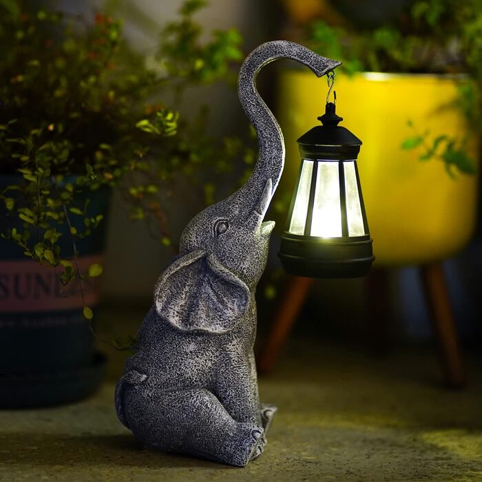 Yeomoo Elephant Decoration with Solar Lantern Garden Figures - for Outdoor Garden Decor with Weatherproof LED Solar Lamp for Balcony Garden, Gifts for Women Men Mom Birthday Gift Grey