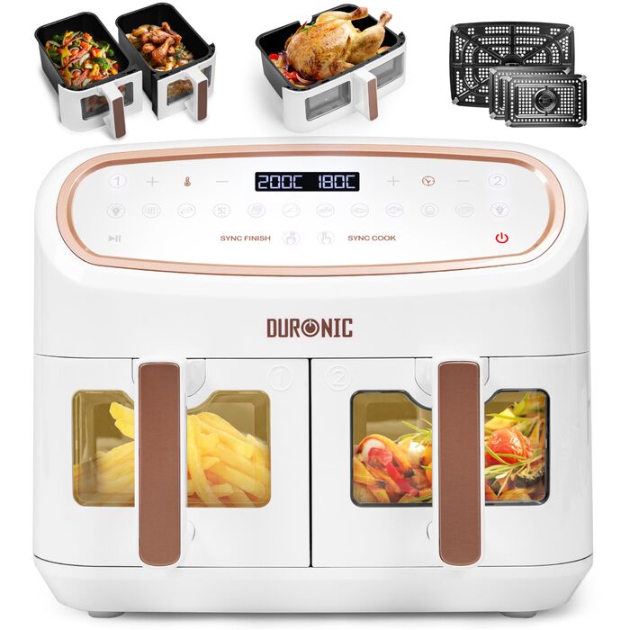 Фритюрниця Duronic AF34 WE XXL з 2 камерами, 10л, без олії, Air Fryer для приготування картоплі фрі, м'яса та іншого, великий об'єм
