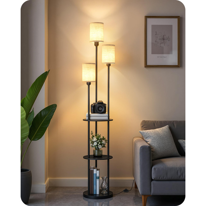 Стельова лампа для вітальні з поличкою, 3-хламкова лампа на ніжці з полицею Vintage, Бохо підлогова лампа з дерева з вимикачем на ніжці, патрон E27, ретро-дизайн, рустикальний коричнево-бежевий колір ZEF53LDD05 (Бежевий, Чорний)