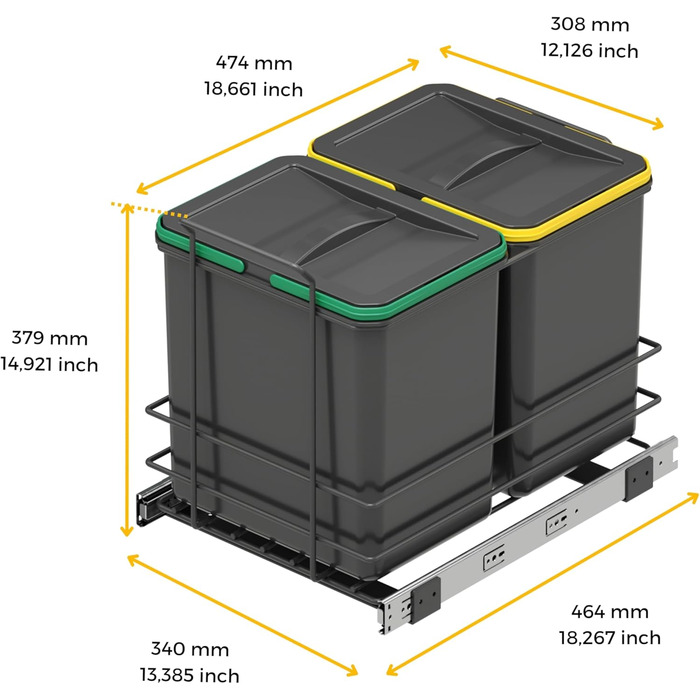 Відро для сміття кухонне Emuca з підвісною системою, 2 висувні контейнери по 20 л, загальний об'єм 40 л (2 x 20 л), сталь та пластик, сірий колір