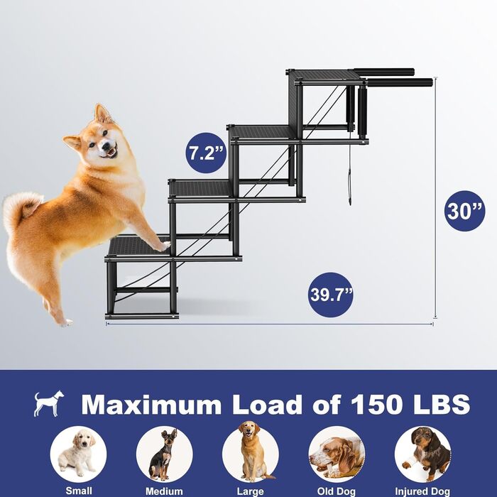 Рампа для собак у автомобіль, складана, 4 сходинки, до 80 кг, для SUV, авто, вантажівка, з принтом лапи, 101х75х47 см