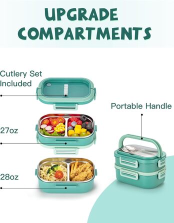 Ланчбокс Lille Home з 2 ярусами, 4 відділення, 1650 мл, з посудом, BPA-free, не протікає (Зелений)