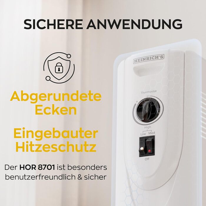 Електричний масляний радіатор Heinrich з 13 ребрами, 2500W, з вентилятором, терморегулятором, захистом від перегріву та нахилу, чорний (білий 11 ребер)