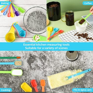 Measuring Cup and Spoon Set, Stackable, 7 Measuring Cups and 7 Measuring Spoons with Levelers, Dishwasher Safe, Plastic Measuring Cups, Stackable Cups, 15 Piece (Random Color)