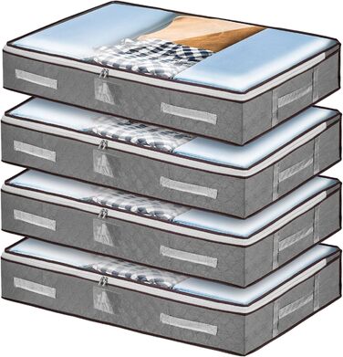 4 шт. Кошики для зберігання під ліжком з кришкою, великі складні коробки для зберігання з блискавкою, органайзери для одягу, постільної білизни та ковдр, посилені ручки (сірий)