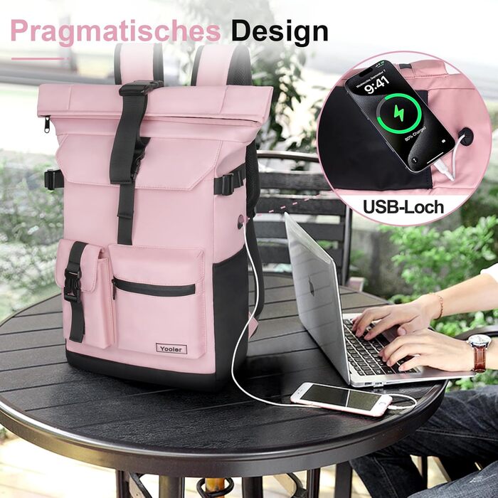 Roll-top Backpack Waterproof, 27L Large Backpack Men Women, School Backpack with 17.3 Inch Laptop Compartment, Travel Backpack Hiking Backpack for Business Work College Travel Leisure (Pink)