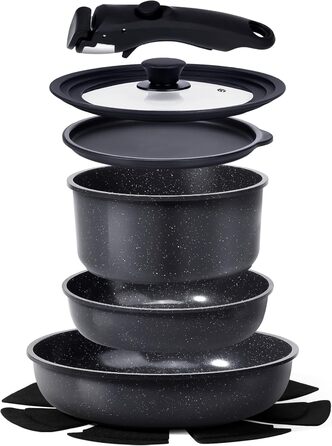 Набір посуду Induktion GiPP 8 предметів: сковороди, каструлі з кришками, антипригарне покриття, знімні ручки, чорний